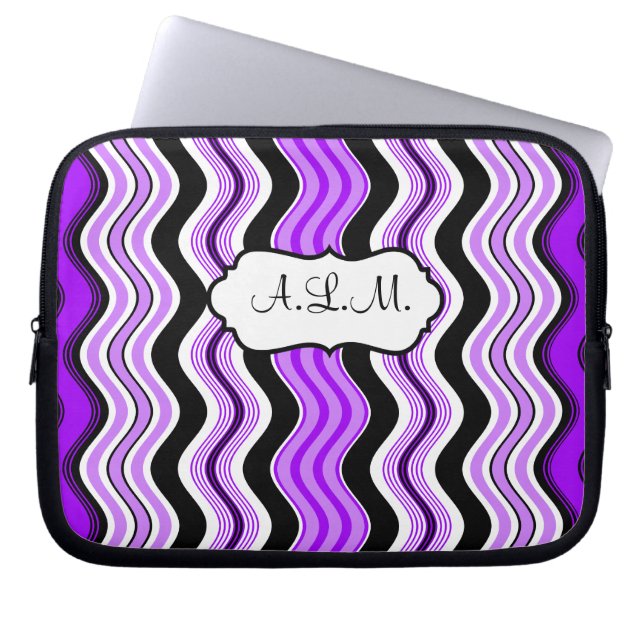 Purple, Black, White Wavy Stripes Laptop Sleeve (Front)