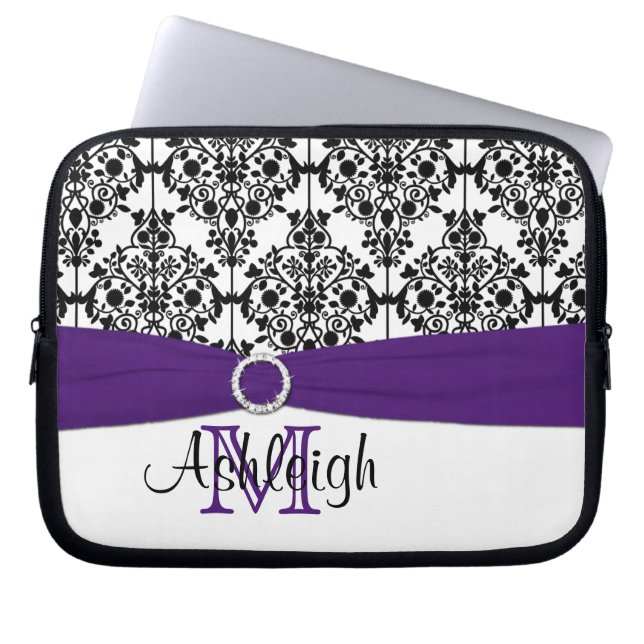 Purple Black White with FAUX Ribbon Laptop Sleeve (Front)