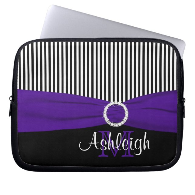 Purple Black White with FAUX Ribbon Laptop Sleeve (Front)