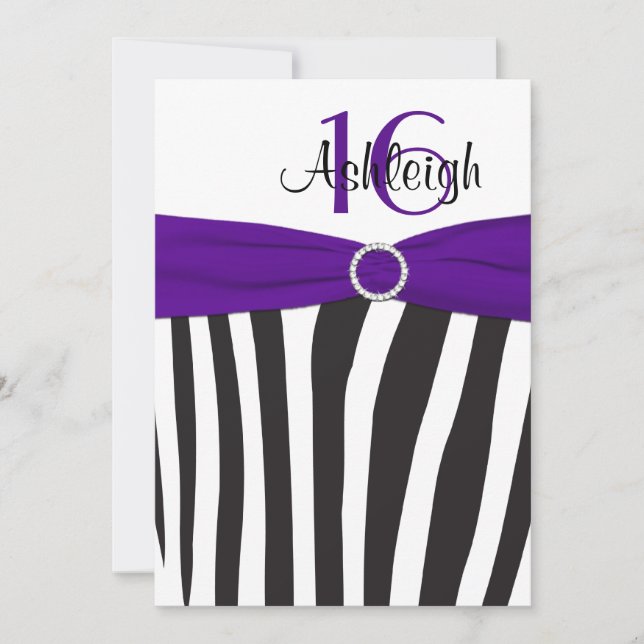 Purple, Black, White Zebra 16th Birthday Invite (Front)