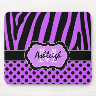 Purple, Black, White Zebra Stripe & Dots Mousepad