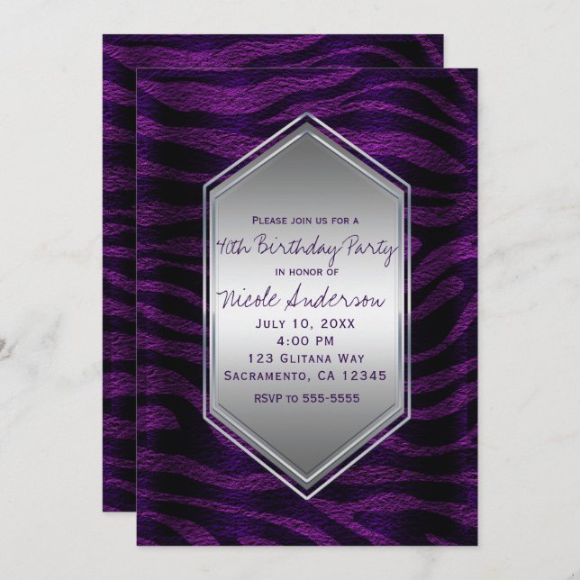 Purple Black Zebra Print Birthday Party Any Event Invitation (Front/Back)