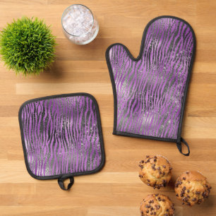 Purple Black Zebra Print Oven Mitt & Pot Holder Set