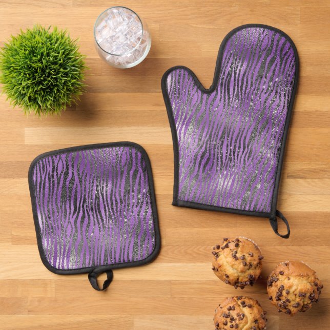 Purple Black Zebra Print Oven Mitt & Pot Holder Set (Top Down)