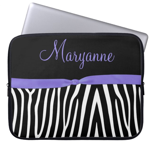 Purple Black Zebra Purple Ribbon Monogram Laptop Sleeve (Front)
