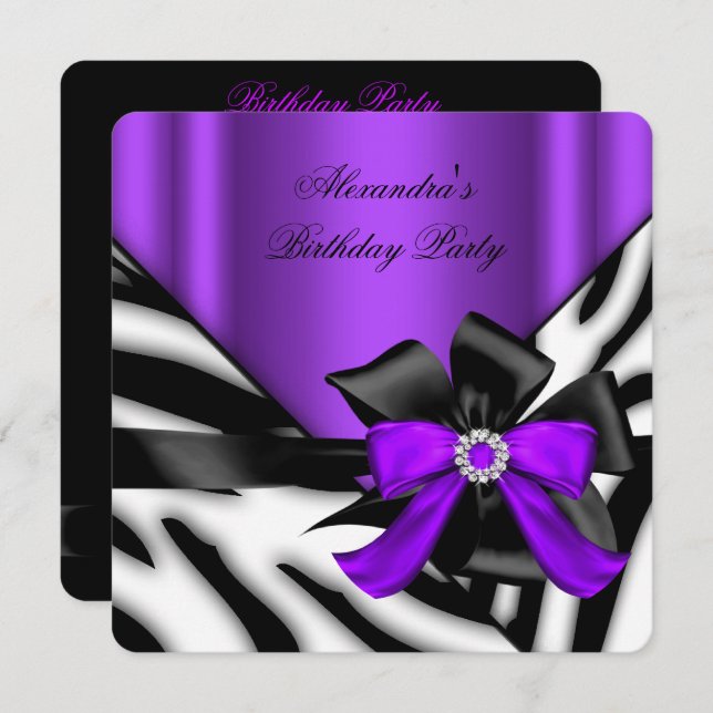 Purple Black Zebra Stripe Birthday Party Invitation (Front/Back)