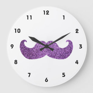 Purple Bling moustache (Faux Glitter Graphic) Large Clock