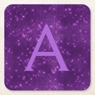 Purple Bling & Sparkle Monogram Birthday Square Paper Coaster