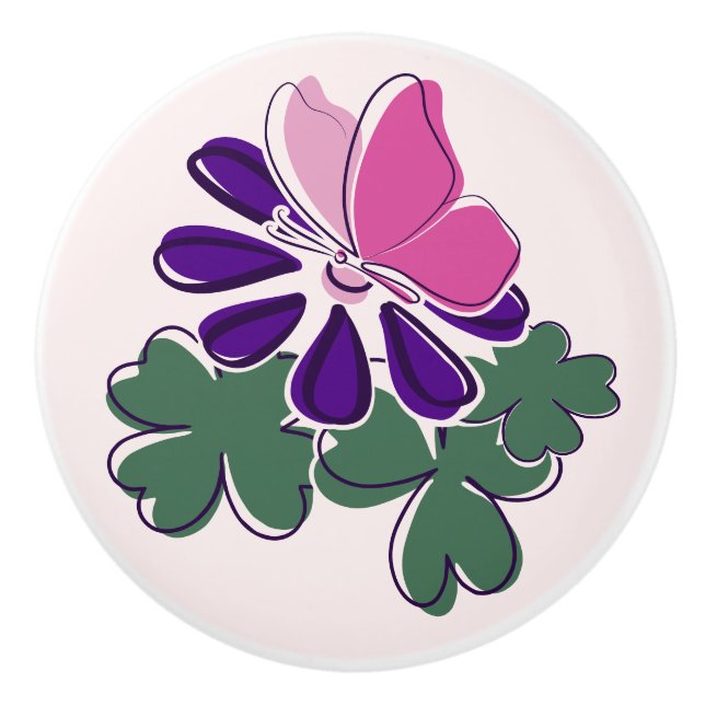 Purple Bloom Butterfly Flutter Lavender Blush Ceramic Knob (Front)