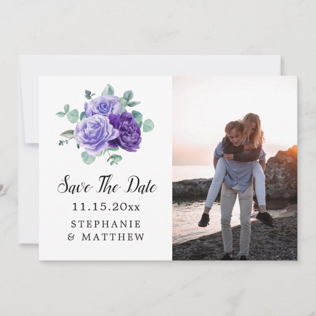 Purple Bloom Eucalyptus Botanical Photo Wedding Save The Date (Front)