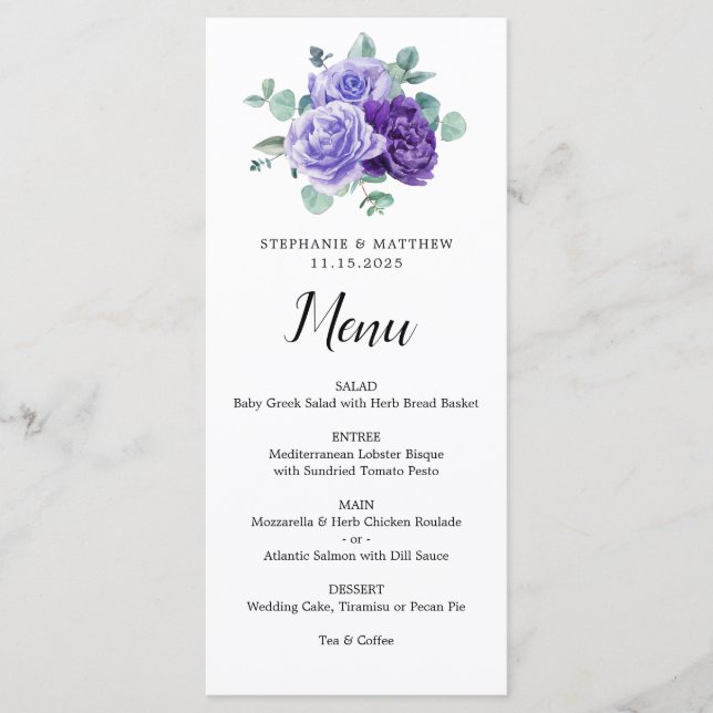 Purple Bloom Eucalyptus Botanical Wedding Menu (Front)