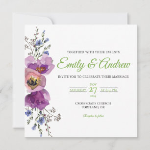 Purple Bloom Floral Watercolor Square Wedding Invitation