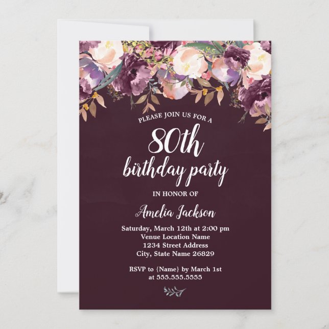 Purple Bloom Watercolor 80th Birthday Invitation (Front)