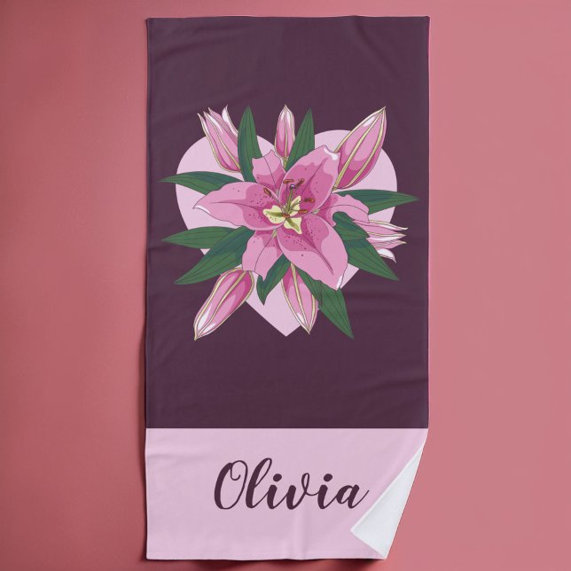 Purple Blooming Lily Sweet Heart  Beach Towel (Purple Blooming Lily Sweet Heart Beach Towel)