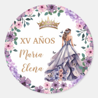 Purple Blooms and Butterflies: Quinceañera Classic Round Sticker