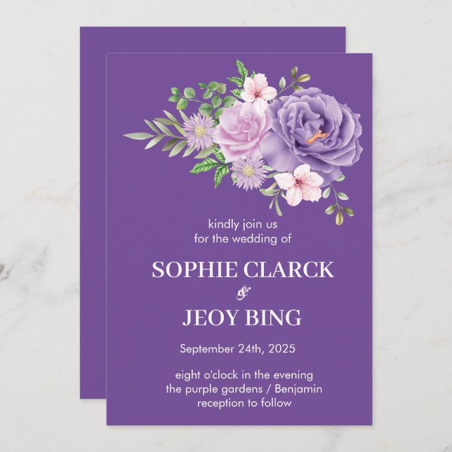 Purple Blooms Dusty Rose Floral Wedding Invitation (Front/Back)