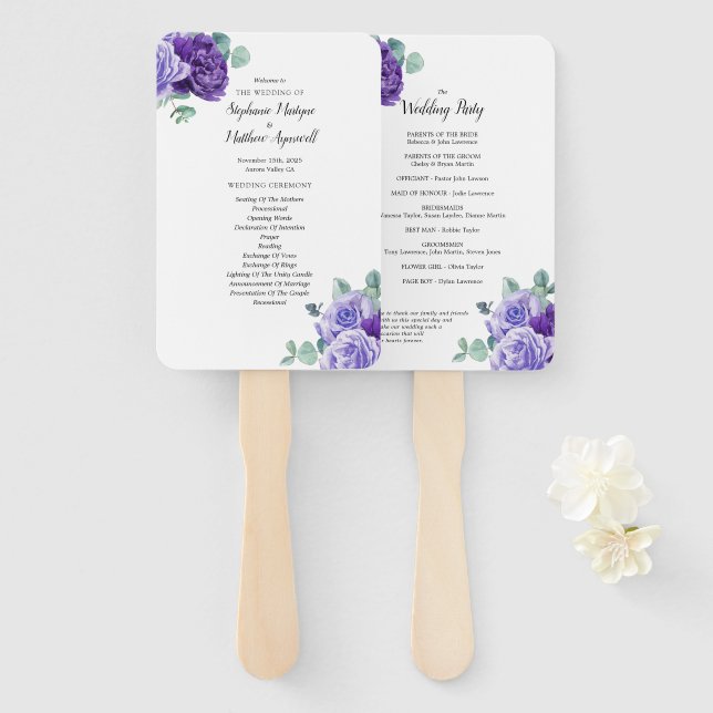 Purple Blooms Eucalyptus Botanical Wedding Program Hand Fan (Front and Back)