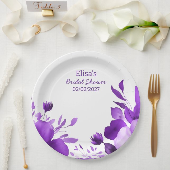 Purple Blooms Watercolor Custom Bridal Shower  Paper Plate (Wedding)