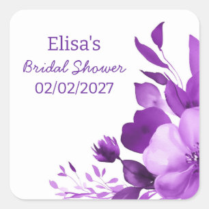 Purple Blooms Watercolor Custom Bridal Shower Square Sticker