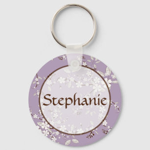 Purple Blossom Customisable Name Button Keychain