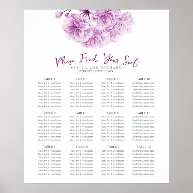 Purple blossom watercolor seating chart wedding (Front)