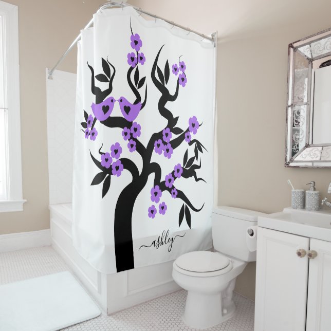 Purple blossoms Love birds sakura cherry tree Shower Curtain (In Situ)