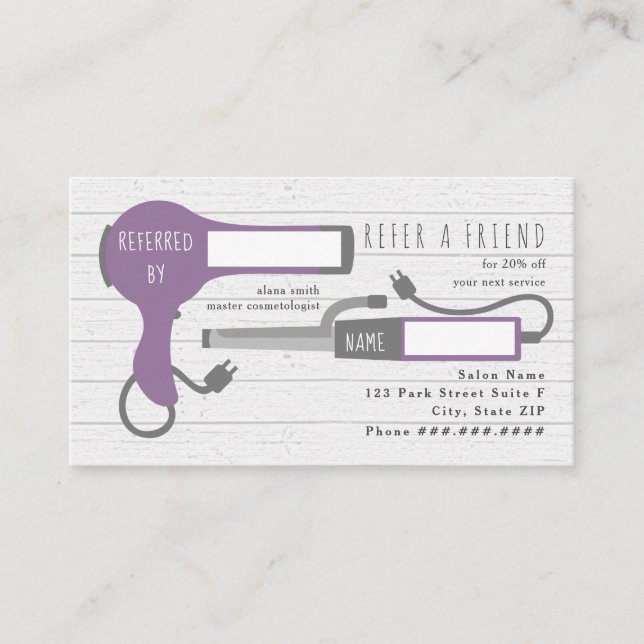 Purple Blow Dryer + Curling Iron Salon Referral Business Card (Front)