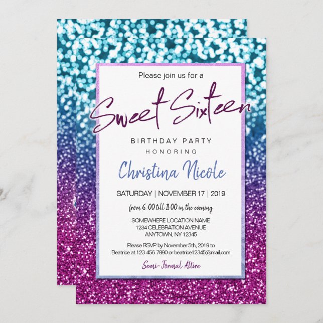 Purple Blue and Bokeh Lights Glam Sweet 16 Invitation (Front/Back)