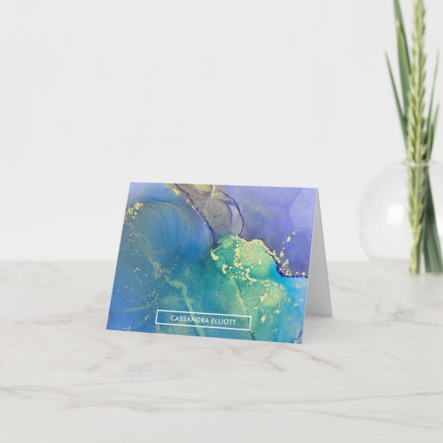 Purple Blue and Gold Abstract Alcohol Ink Art Note Card (Front)