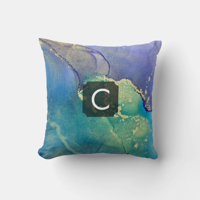 Purple Blue and Gold Abstract Art Monogram Cushion (Front)