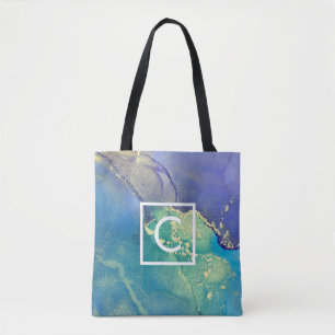 Purple Blue and Gold Abstract Art Monogram Tote Bag