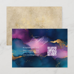 Purple, Blue, and Gold Alcohol Ink QR Code Wedding RSVP Card