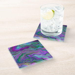 Purple, Blue and Green Fluid Art Glass Coaster
