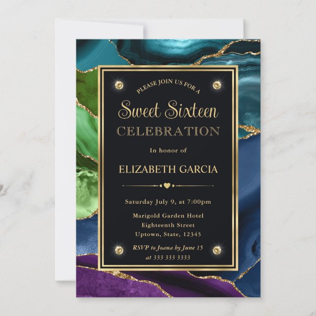 Purple, Blue and Green Glitter Agate Sweet Sixteen Invitation (Front)
