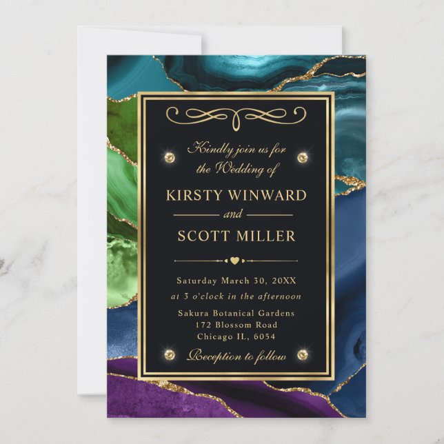 Purple, Blue and Green Glitter Agate Wedding Invitation (Front)