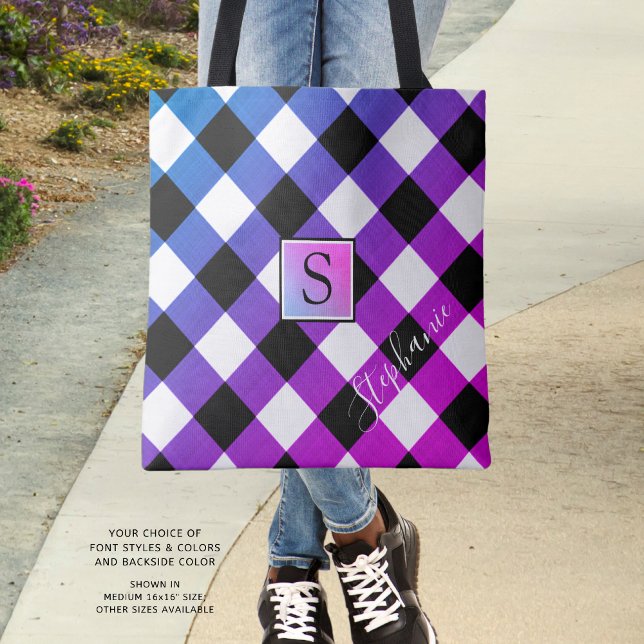 Purple Blue and Pink Buffalo Check Plaid Monogram Tote Bag (Creator Uploaded)