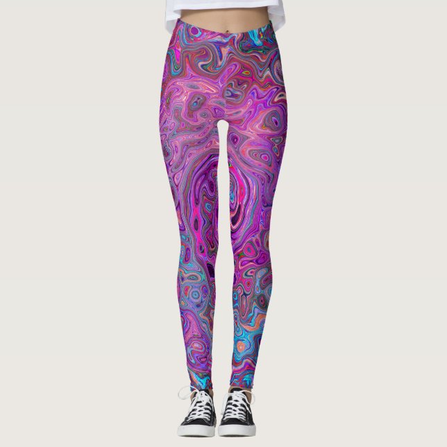 Purple, Blue and Red Abstract Retro Swirl Leggings (Front)