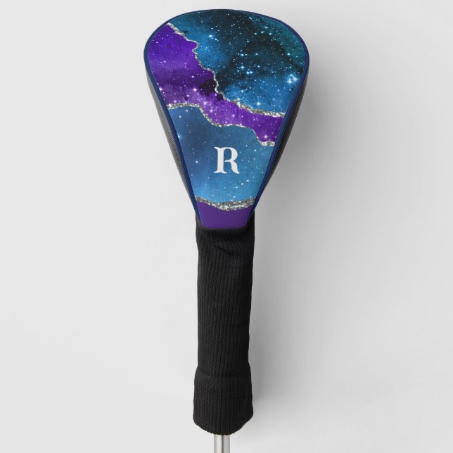 Purple Blue and Silver Glitter Monogrammed Golf Head Cover (Front)