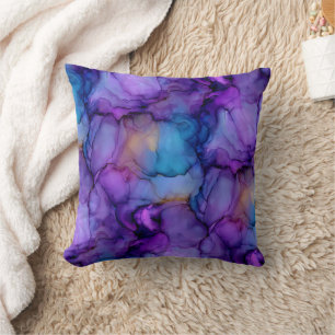 Purple Blue and Teal Fluid Alcohol Ink Marble Cushion