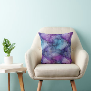 Purple Blue and Teal Watercolor Marble Clouds Cushion
