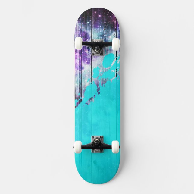 Purple, Blue,and Teal Wood Planks & Paint Splatter Skateboard (Front)