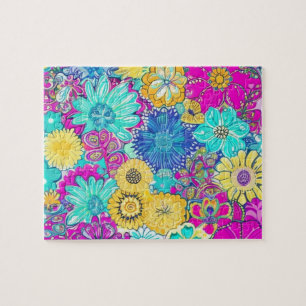 Purple, Blue and Yellow Flowers pattern Jigsaw Puzzle