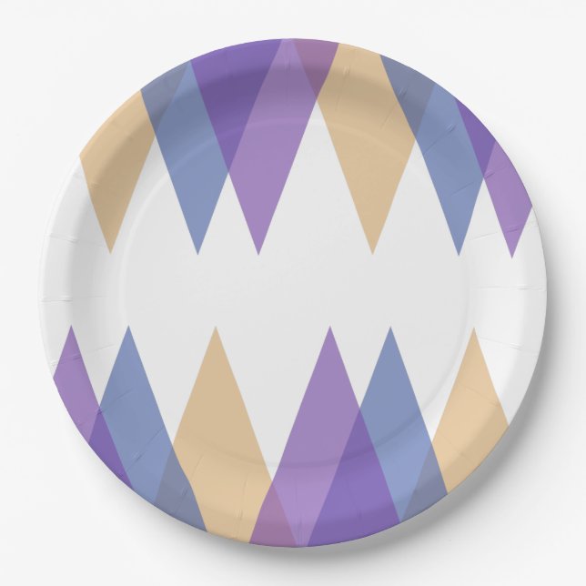 Purple, blue and yellow triangles paper plate (Front)