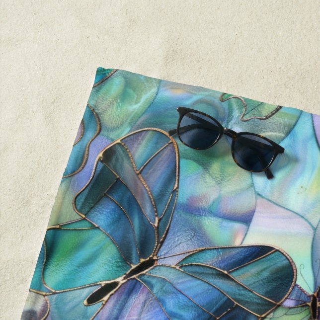 Purple Blue Aqua Butterflies Beach Towel (In Situ)