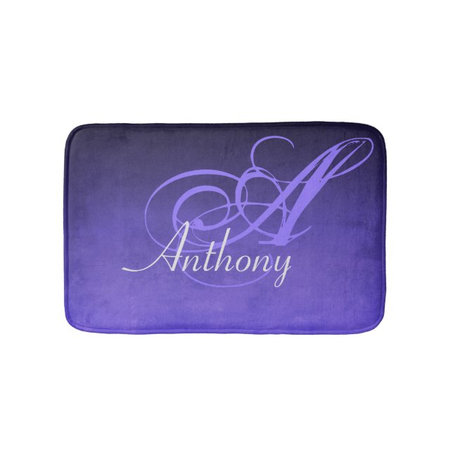Purple Blue Black Rustic Abstract Name Monogram Bath Mat (Front)
