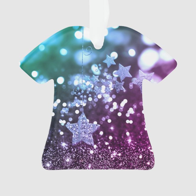 Purple & Blue Bokeh Faux Glitter & Stars Ornament (Front)