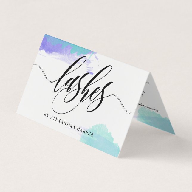 Purple & Blue Calligraphy Lash Artist Aftercare Business Card (Front)