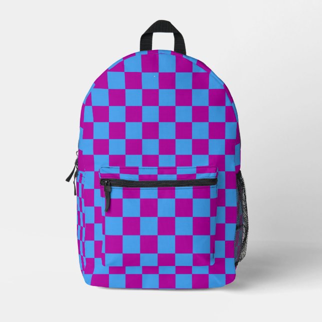 Purple Blue Chequered Check Pattern Printed Backpack (Front)