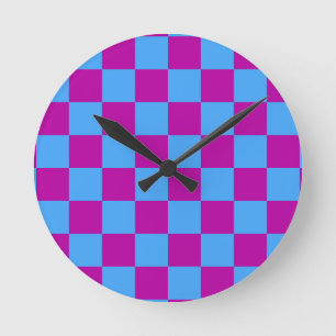Purple Blue Chequered Check Pattern Round Clock