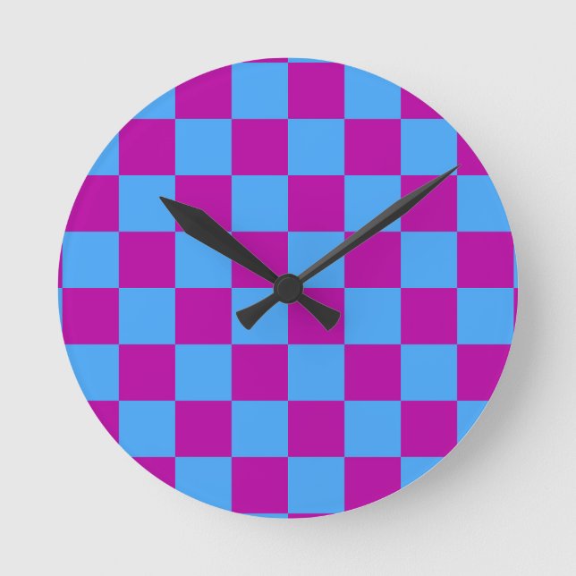 Purple Blue Chequered Check Pattern Round Clock (Front)